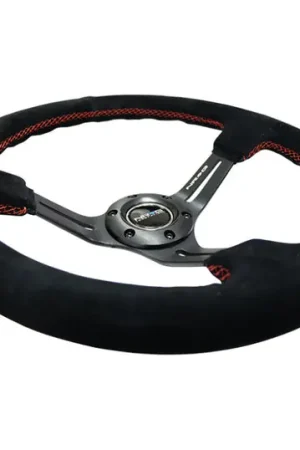 NRG Reinforced Steering Wheel (350mm / 3in. Deep) Blk Suede w/Red Stitching & 5mm Spokes w/Slits Editor’s Pick