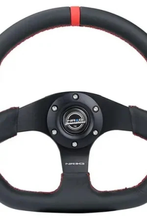 Worldwide Shipping NRG Reinforced Steering Wheel (320mm) Sport Leather Flat Bottom w/ Red Center Mark/ Red Stitching