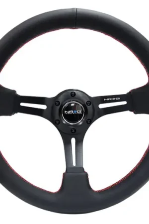 No Minimum Order NRG Reinforced Steering Wheel (350mm / 3in. Deep) Black Leather/Red Stitch & Blk 3-Spoke w/Slits