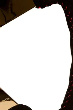 High Quality NRG Reinforced Steering Wheel (350mm / 3in. Deep) Blk Suede w/Red BBall Stitch & Chrome Gold 3-Spoke