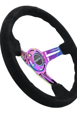 Best Seller NRG Reinforced Steering Wheel (350mm / 3in. Deep) Blk Suede/Blk Stitch w/Neochrome Slits