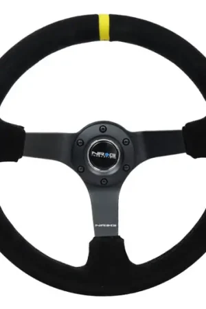 NRG Reinforced Steering Wheel (350mm / 3in. Deep) Blk Suede/X-Stitch w/5mm Blk Spoke & Yellow CM Worldwide Shipping