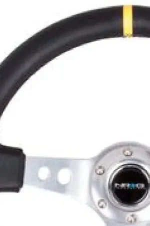 NRG Reinforced Steering Wheel (350mm / 3in. Deep) Blk Leather w/Circle Cut Spokes & Single Yellow CM Limited Time