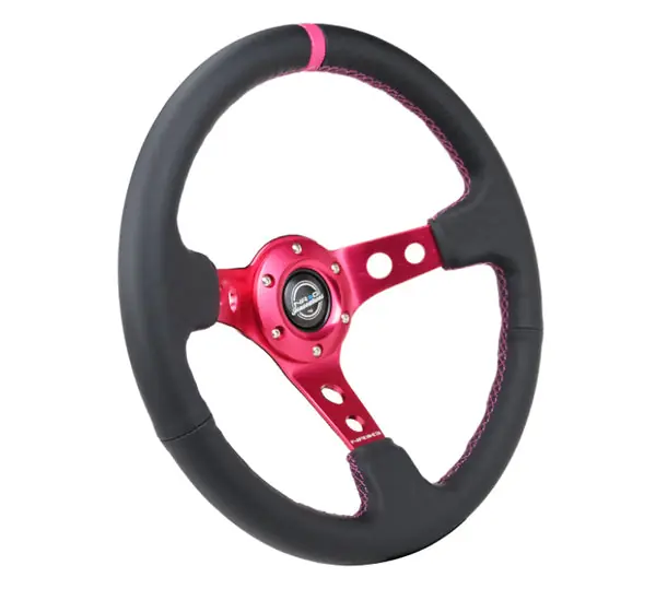 Seasonal Sale NRG Reinforced Steering Wheel (350mm/3in. Deep) Black Leather/ Fushia Center Mark/ Fushia Stitching
