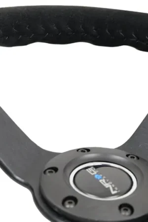 Must Have NRG Reinforced Steering Wheel (350mm / 3in. Deep) Blk Suede/Blk Bball Stitch w/5mm Matte Black Spoke