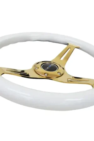 NRG Classic Wood Grain Steering Wheel (350mm) White Grip w/Chrome Gold 3-Spoke Center Exclusive Offer