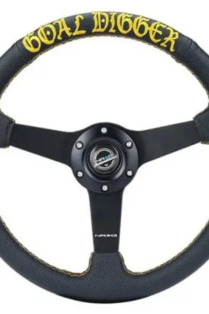 NRG Sport Steering Wheel (350mm / 1.5in Deep) Black Leather/Gold Stitch w/Matte Black Solid Spokes Factory Price