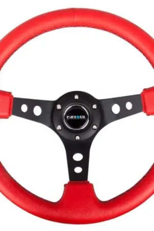 Big Sale NRG Reinforced Steering Wheel (350mm / 3in. Deep) Red Leather/Blk Stitch w/Blk Spokes (Hole Cutouts)