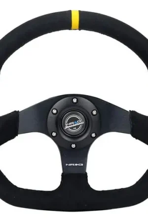 NRG Reinforced Steering Wheel (320mm) Sport Alcantara Dual Push Buttons Flat Bottom w/Yellow Center Modern