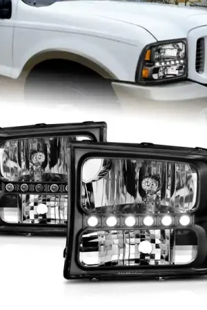 ANZO 2000-2004 Ford Excursion Crystal Headlights Black w/ LED 1pc Genuine