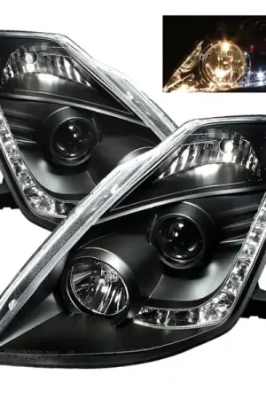 Sale Spyder Nissan 350Z 03-05 Projector Headlights Halogen Model Only - DRL Black PRO-YD-N350Z02-DRL-BK