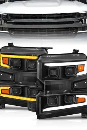 Weekend Sale ANZO 19-22 Chevrolet Silverado 1500 LED Proj HL w/Lgt Bar SwBk Seq. Blk w/In. Light - Driver Side ON