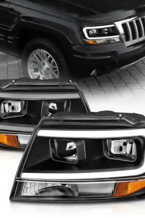 Exclusive Offer ANZO 99-04 Jeep Grand Cherokee Crystal Headlights - w/ Light Bar Black Housing