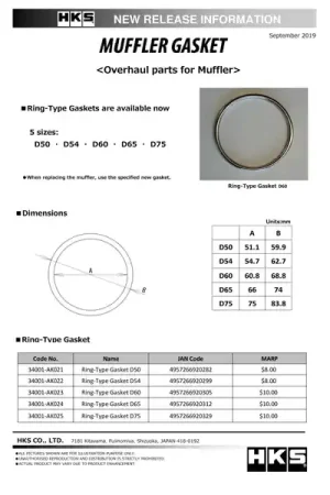 Price Cut HKS Muffler Gasket 51.1mm ID 59.9mm OD