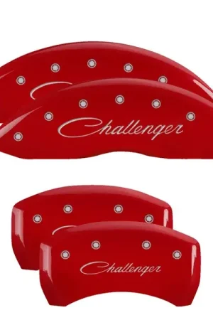 MGP 4 Caliper Covers Engraved Front & Rear Cursive/Challenger Red finish silver ch New Arrival