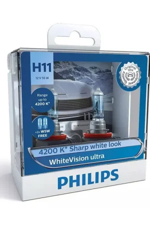 Weekend Sale Philips 12362WVUSM WhiteVision Ultra 12V H11 55W 4200K Headlight Globes with 2x W5W Park Globes (Twin Pack)