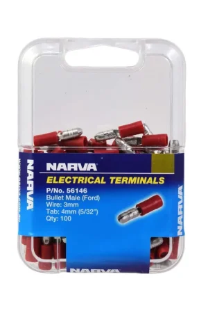Narva 4.0mm Male Bullet Terminal Red (100 Pack) - 56146 Professional Grade