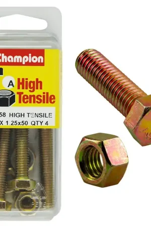 Limited Offer Champion Pack of 4 (4x Hex Set Screws, 4x Nuts) M8 x 50mm High Tensile Grade 8.8, Zinc Plated- BM58