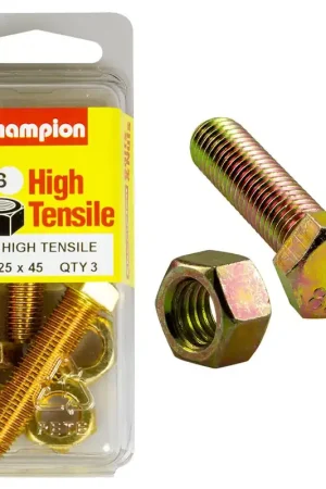 Champion Pack of 3 (3x Hex Set Screws, 3x Nuts) M10 x 45 x 1.25mm High Tensile Grade 8.8, Zinc Plated- BM109 Original
